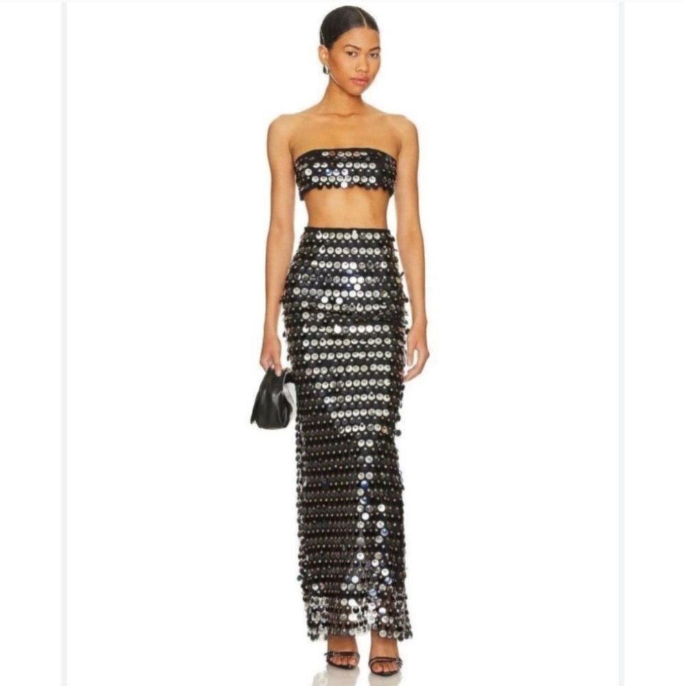 NWT Lovers + Friends Black/Silver Sequin 2 Pc Skirt Set Bandeau Top Maxi Skirt M - Picture 2 of 11